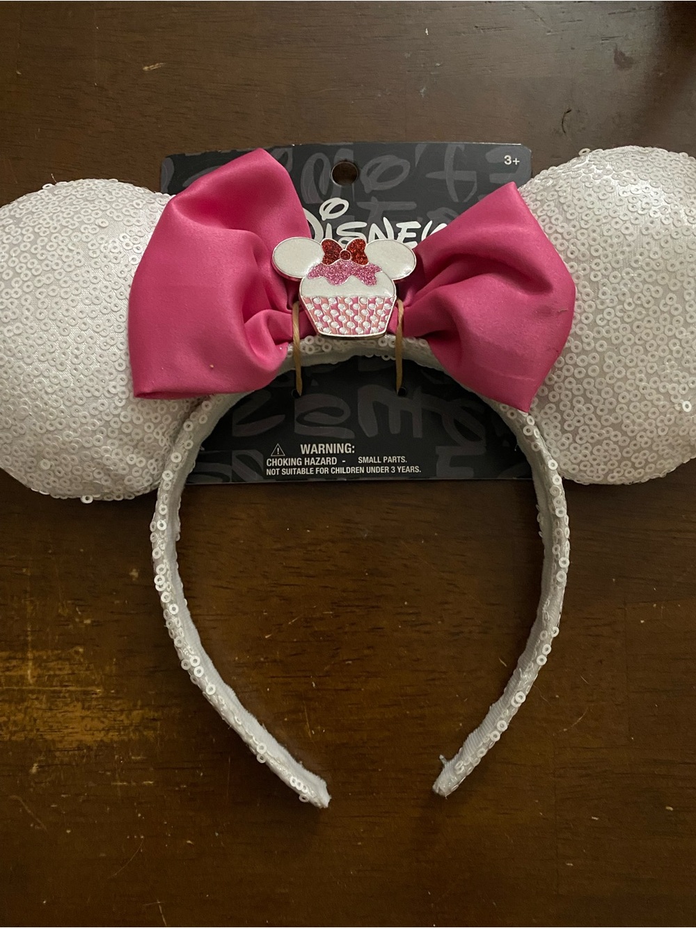 Disney White Sequin Minnie Ear Headband with Hot Pink Bow and Cupcake Charm